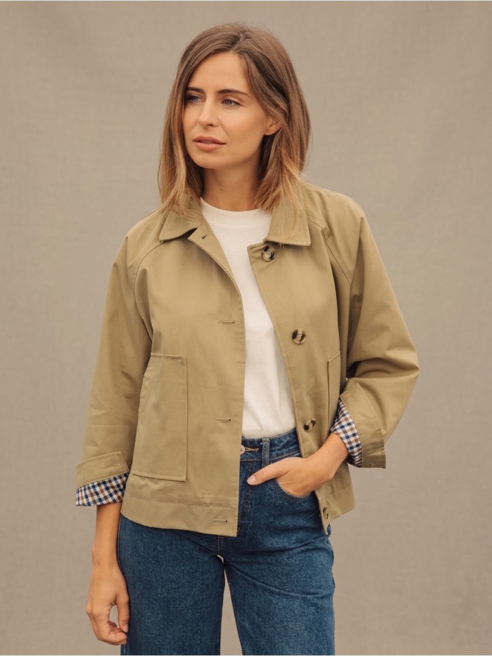 Cropped Trench Jacket Tan Plaid Houndstooth Short Utility Coat